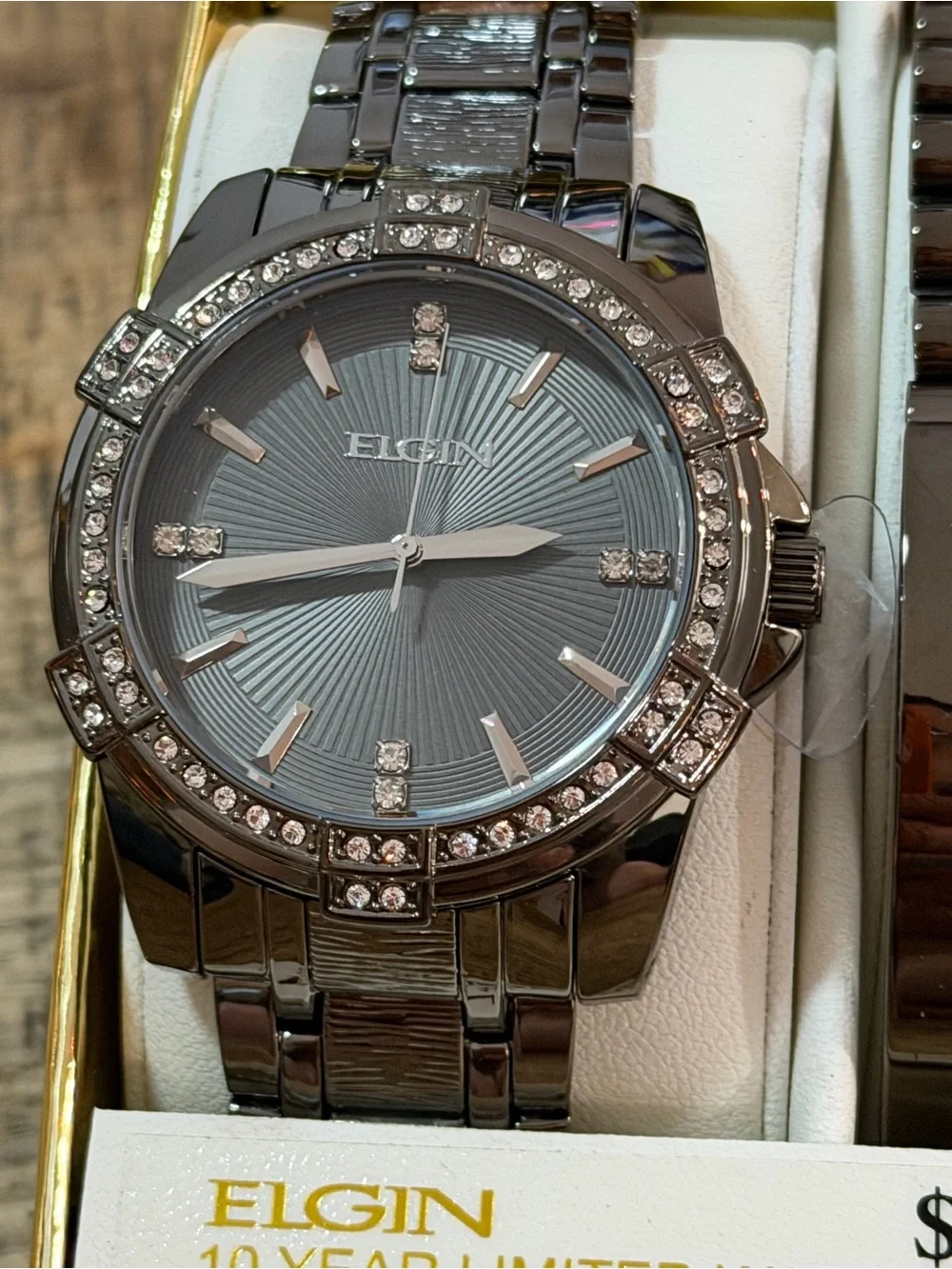 NEW IN BOX Elgin Gunmetal Men’s Watch with Crystal Bezel & Bracelet Set